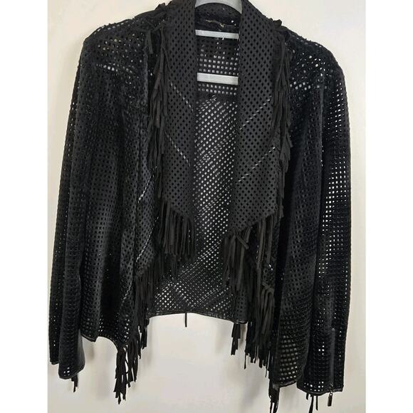 Vintage Alberto Makali Fringe Perforated Moto Hippie Rock Punk Sleeze MED Poly - Picture 1 of 9
